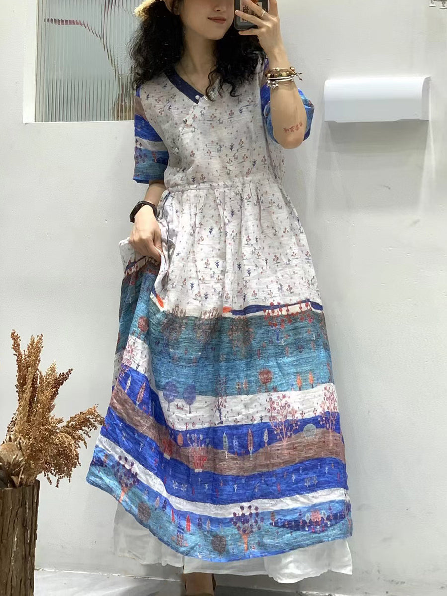 Women Summer Vintage Flower Spliced Ramie Strap Dress WE1024 Ada Fashion