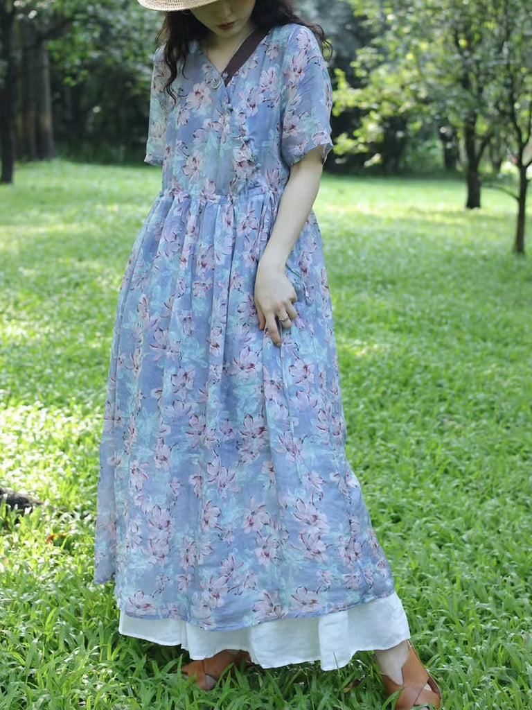Women Summer Vintage Flower Spliced Ramie Strap Dress WE1024 Ada Fashion