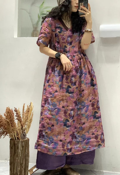 Women Summer Vintage Flower Spliced Ramie Strap Dress WE1024 Ada Fashion