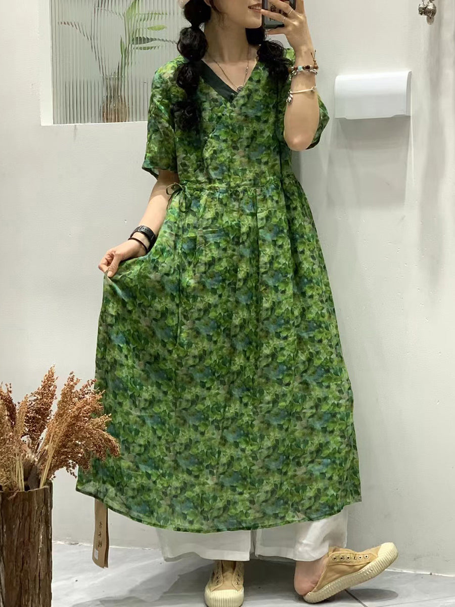 Women Summer Vintage Flower Spliced Ramie Strap Dress WE1024 Ada Fashion