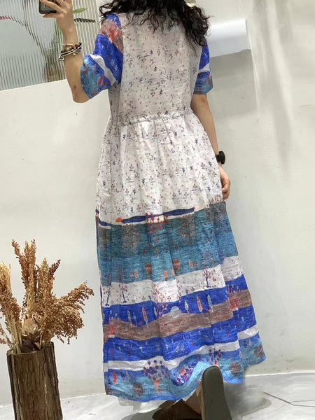 Women Summer Vintage Flower Spliced Ramie Strap Dress WE1024 Ada Fashion