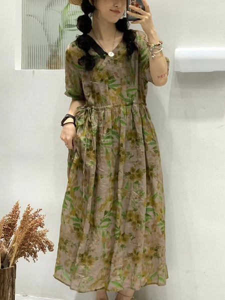 Women Summer Vintage Flower Spliced Ramie Strap Dress WE1024 Ada Fashion