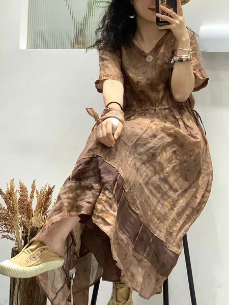 Women Summer Artsy Floral Spliced V-Neck Ramie Dress WE1025 Ada Fashion