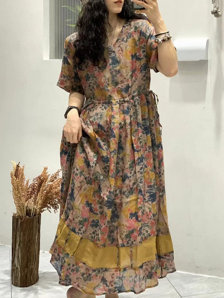 Women Summer Artsy Floral Spliced V-Neck Ramie Dress WE1025 Ada Fashion