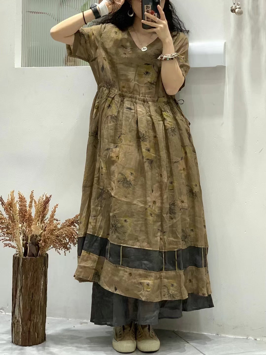 Women Summer Artsy Floral Spliced V-Neck Ramie Dress WE1025 Ada Fashion