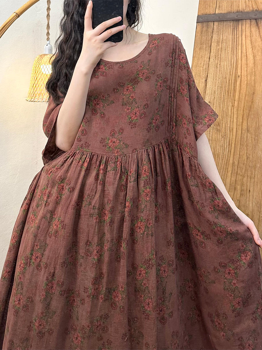 Plus Size Women Vnitage Floral Shirred Cotton Loose Dress WE1027 Ada Fashion