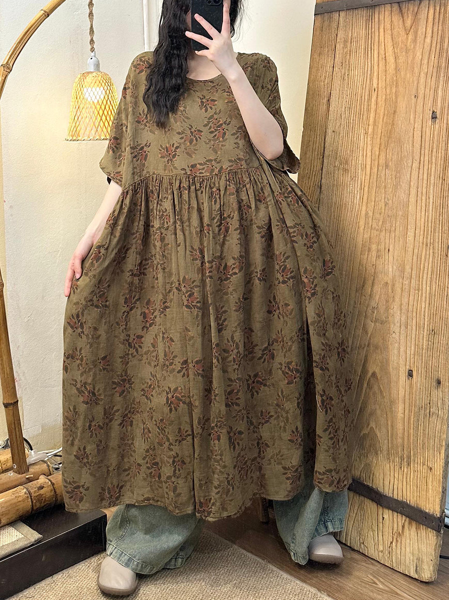 Plus Size Women Vnitage Floral Shirred Cotton Loose Dress WE1027 Ada Fashion