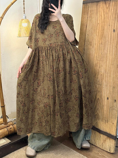 Plus Size Women Vnitage Floral Shirred Cotton Loose Dress WE1027 Ada Fashion