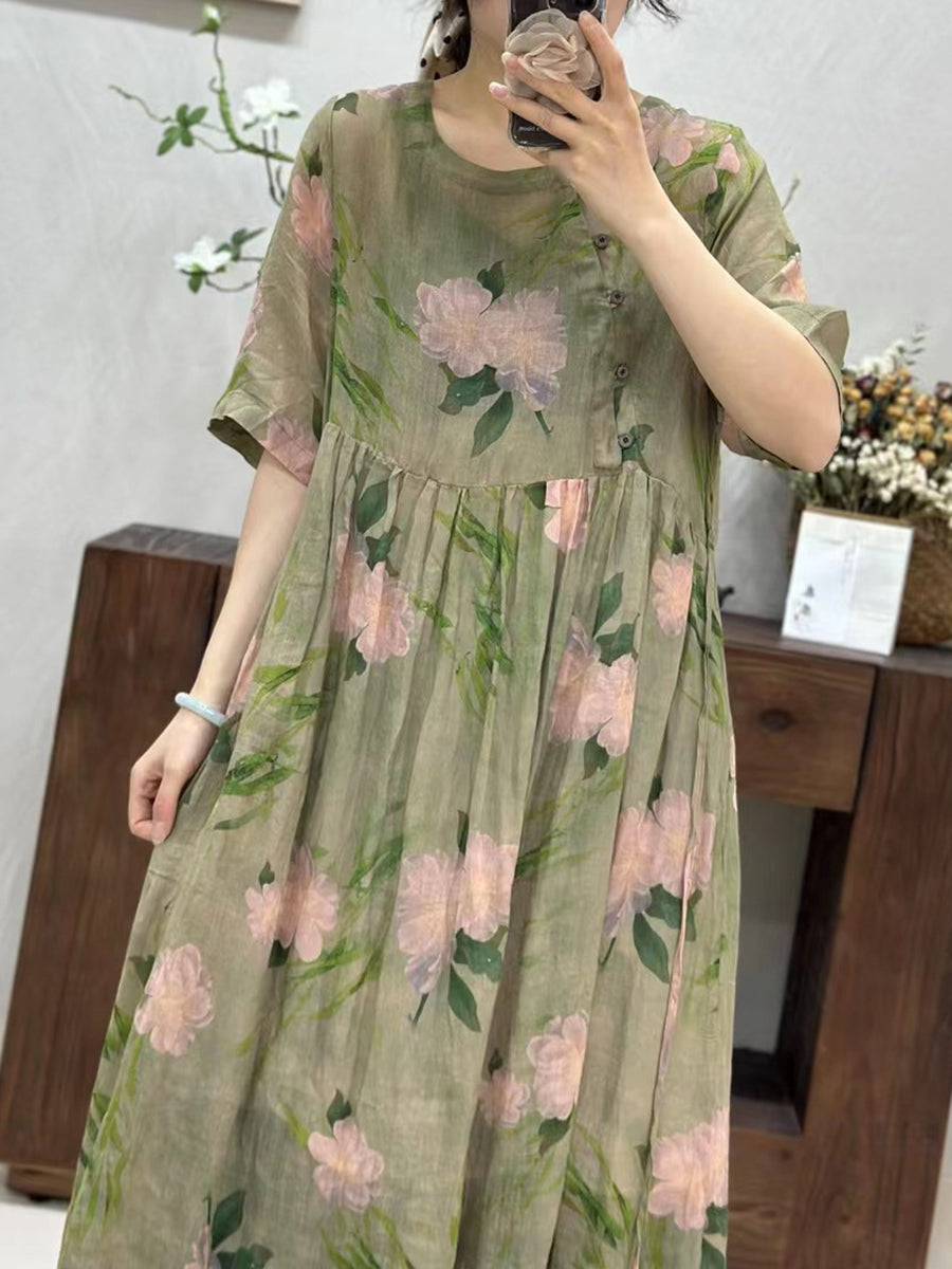 Women Summer Artsy Floral Loose Ramie Dress TY1034 Ada Fashion