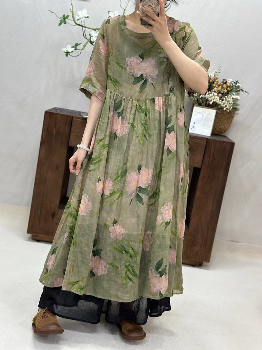 Women Summer Artsy Floral Loose Ramie Dress TY1034 Ada Fashion