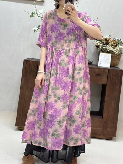 Women Summer Artsy Floral Loose Ramie Dress TY1034 Ada Fashion