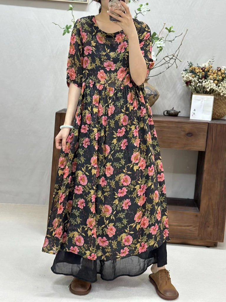 Women Summer Artsy Floral Loose Ramie Dress TY1034 Ada Fashion