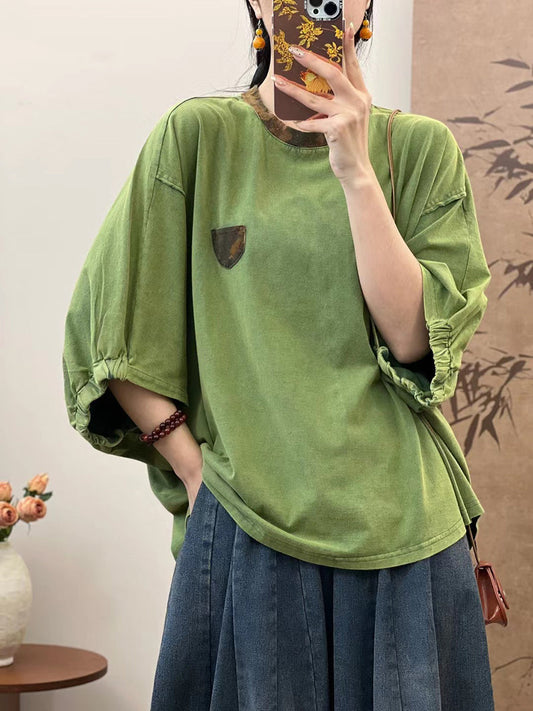 Women Summer Loose Spliced Cotton Pullover Shirt TY1050 Ada Fashion