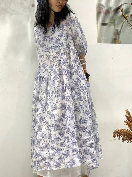 Women Summer Artsy Florla O-neck Loose Ramie Dress TY1035 Ada Fashion