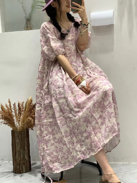 Women Summer Artsy Florla O-neck Loose Ramie Dress TY1035 Ada Fashion