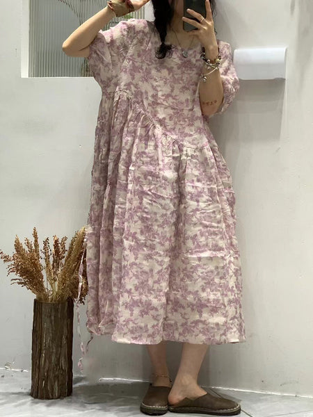 Women Summer Artsy Florla O-neck Loose Ramie Dress TY1035 Ada Fashion