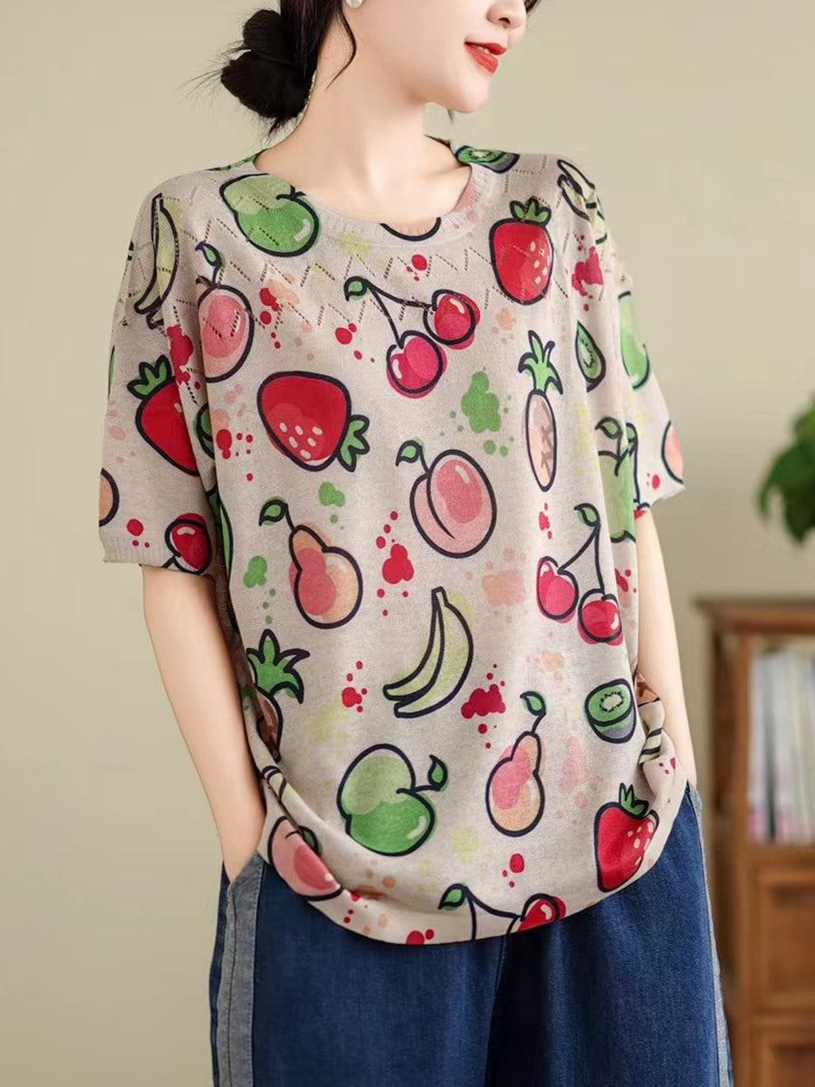 Women Summer Vintage Print Cutout O-Neck Shirt TY1047 Ada Fashion