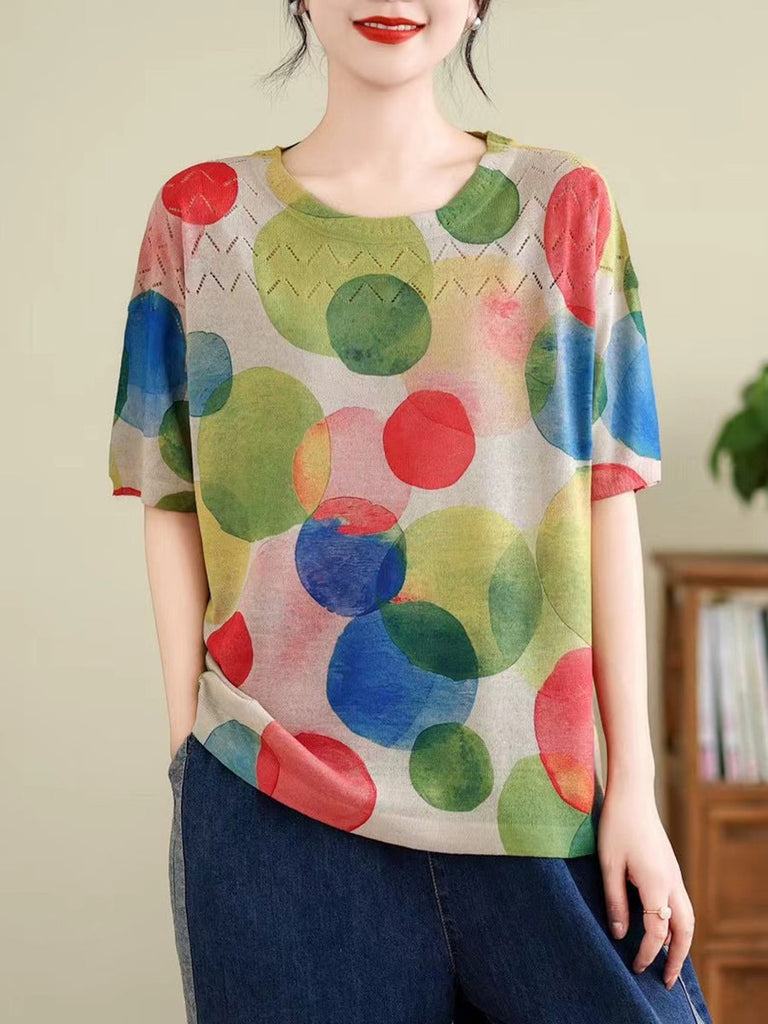 Women Summer Vintage Print Cutout O-Neck Shirt TY1047 Ada Fashion