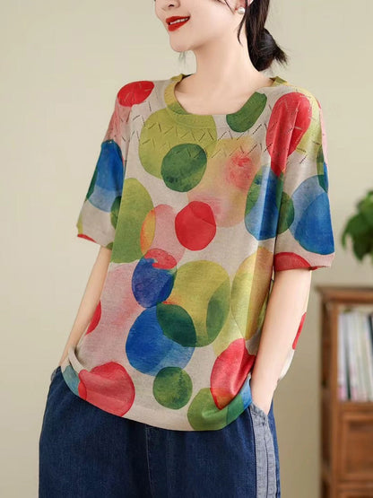 Women Summer Vintage Print Cutout O-Neck Shirt TY1047 Ada Fashion