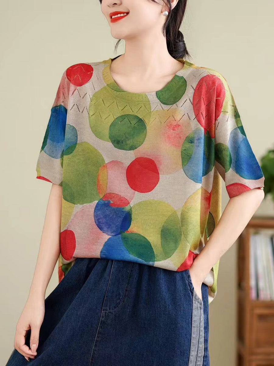 Women Summer Vintage Print Cutout O-Neck Shirt TY1047 Ada Fashion