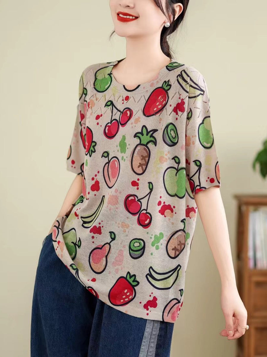 Women Summer Vintage Print Cutout O-Neck Shirt TY1047 Ada Fashion