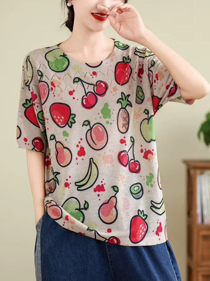 Women Summer Vintage Print Cutout O-Neck Shirt TY1047 Ada Fashion