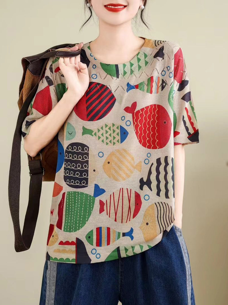 Women Summer Vintage Print Cutout O-Neck Shirt TY1047 Ada Fashion