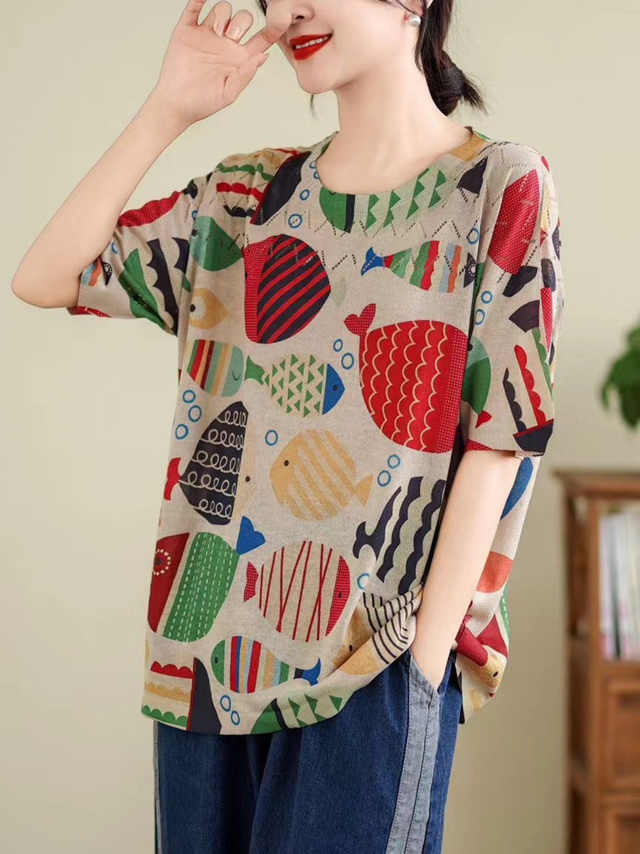 Women Summer Vintage Print Cutout O-Neck Shirt TY1047 Ada Fashion