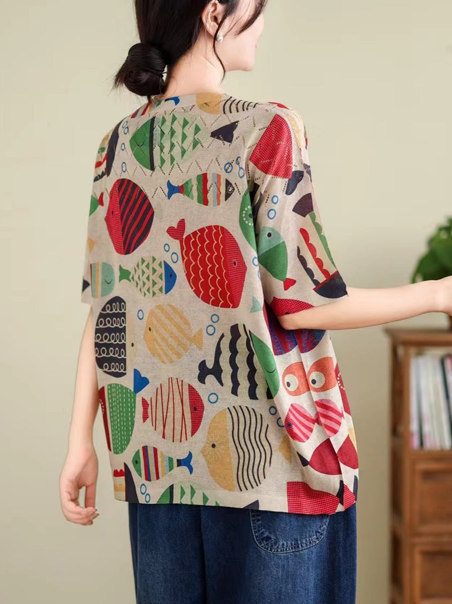 Women Summer Vintage Print Cutout O-Neck Shirt TY1047 Ada Fashion