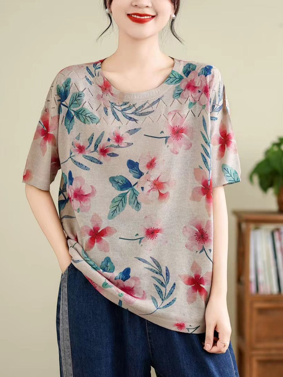 Women Summer Vintage Print Cutout O-Neck Shirt TY1047 Ada Fashion