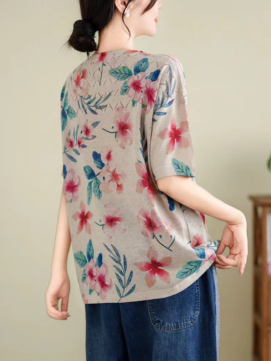 Women Summer Vintage Print Cutout O-Neck Shirt TY1047 Ada Fashion