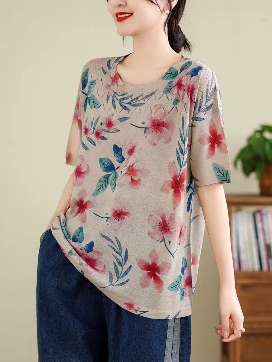 Women Summer Vintage Print Cutout O-Neck Shirt TY1047 Ada Fashion