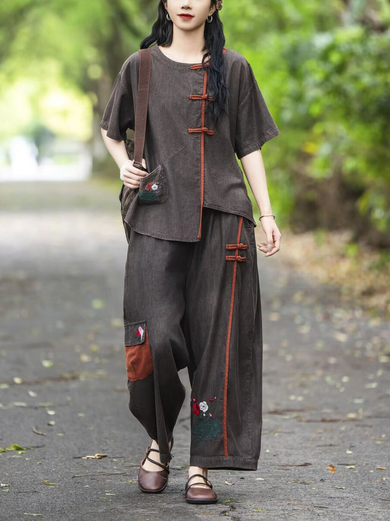 Women Summer Retro Spliced Embroidery Denim Suits TY1037 Ada Fashion