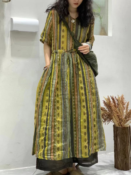 Women Summer Flower Spliced Ramie Strap Waist Dress TY1046 Ada Fashion