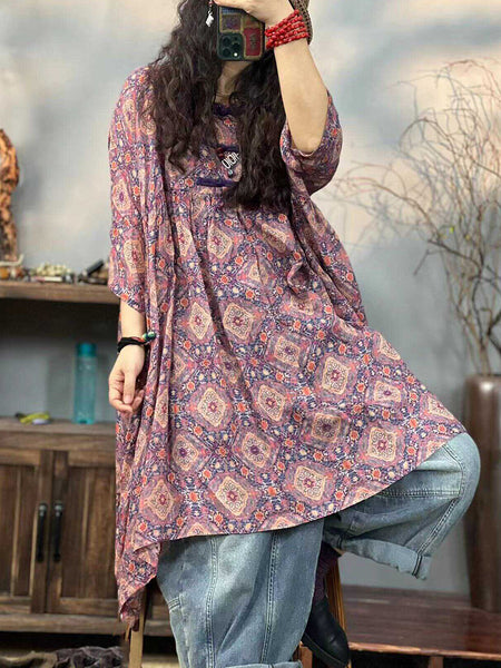 Plus Size Women Ethnic Print Summer 100%Ramie Dress TY1044 Ada Fashion