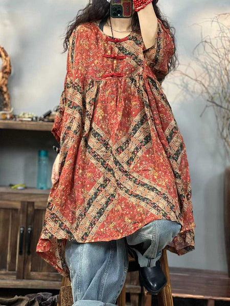 Plus Size Women Ethnic Print Summer 100%Ramie Dress TY1044 Ada Fashion