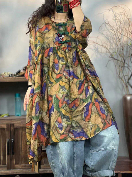 Plus Size Women Ethnic Print Summer 100%Ramie Dress TY1044 Ada Fashion