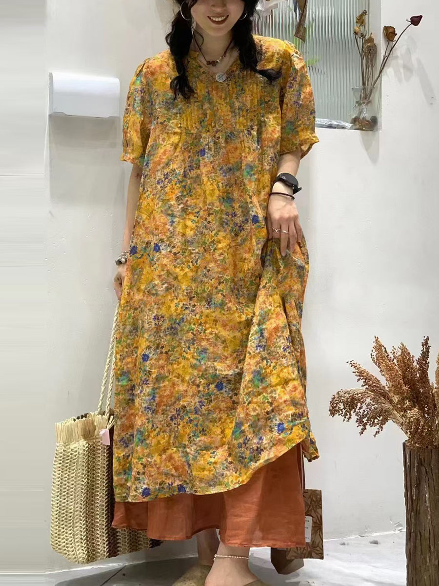 Women Vintage Summer Floral Shirred Ramie Dress TY1041 Ada Fashion