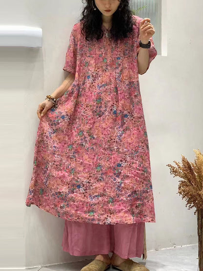 Women Vintage Summer Floral Shirred Ramie Dress TY1041 Ada Fashion