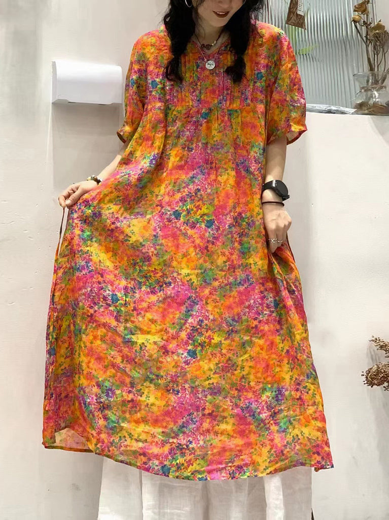 Women Vintage Summer Floral Shirred Ramie Dress TY1041 Ada Fashion