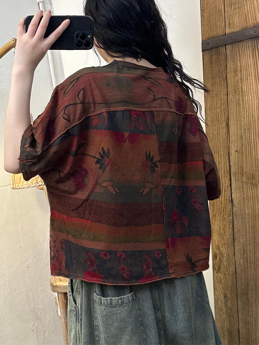 Women Summer Retro Flower Spliced Cotton Shirt TY1001 Ada Fashion