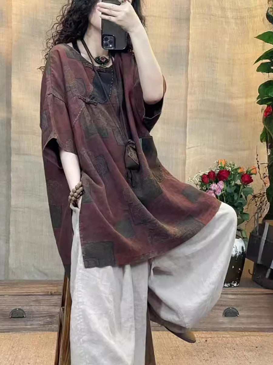 Women Summer Retro Spliced O-Neck Loose Linen Shirt TY1003 Ada Fashion