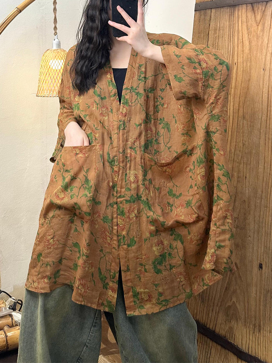 Women Summer Vintage Flower Loose Ramie Shirt Coat TY1012 Ada Fashion