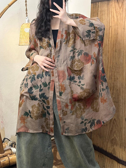 Women Summer Vintage Flower Loose Ramie Shirt Coat TY1012 Ada Fashion