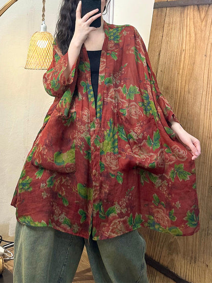 Women Summer Vintage Flower Loose Ramie Shirt Coat TY1012 Ada Fashion