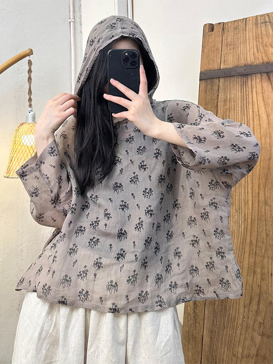 Women Summer Artsy Floral Hooded Ramie Shirt TY1016 Ada Fashion