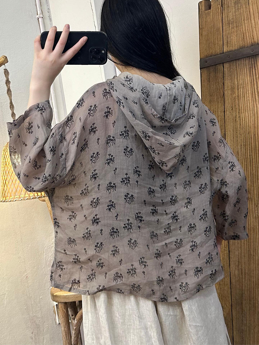 Women Summer Artsy Floral Hooded Ramie Shirt TY1016 Ada Fashion
