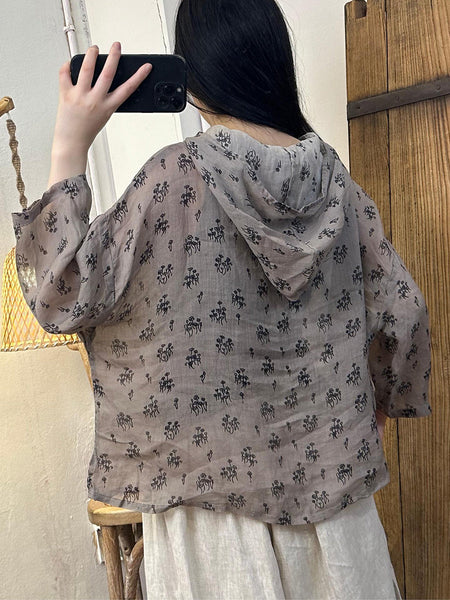Women Summer Artsy Floral Hooded Ramie Shirt TY1016 Ada Fashion