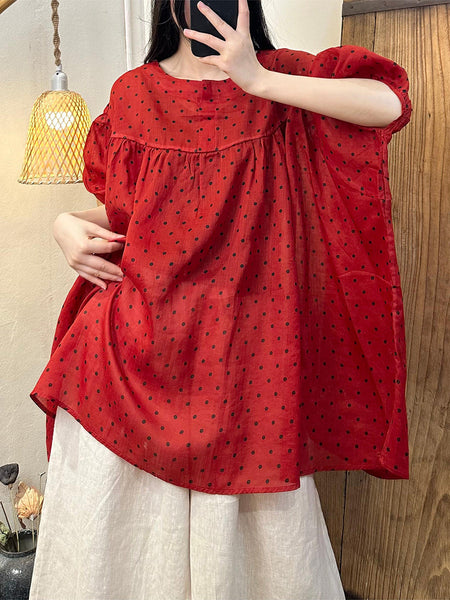 Women Summer Artsy Dot Loose Ramie Shirt TY1017 Ada Fashion
