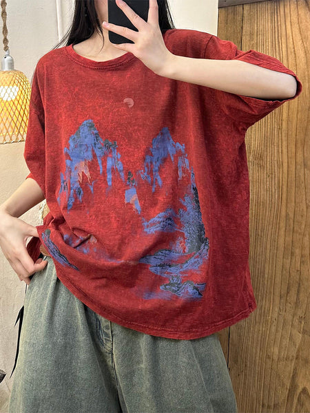 Women Summer Casual Mountains Print Cotton Shirt TY1019 Ada Fashion